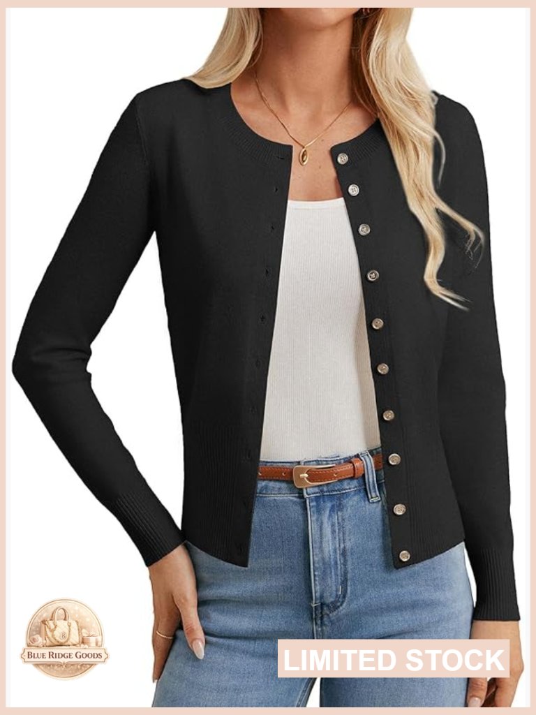 Long Sleeve Knit Crop Cardigan Trendy Open Front Crewneck Sweater Lightweight